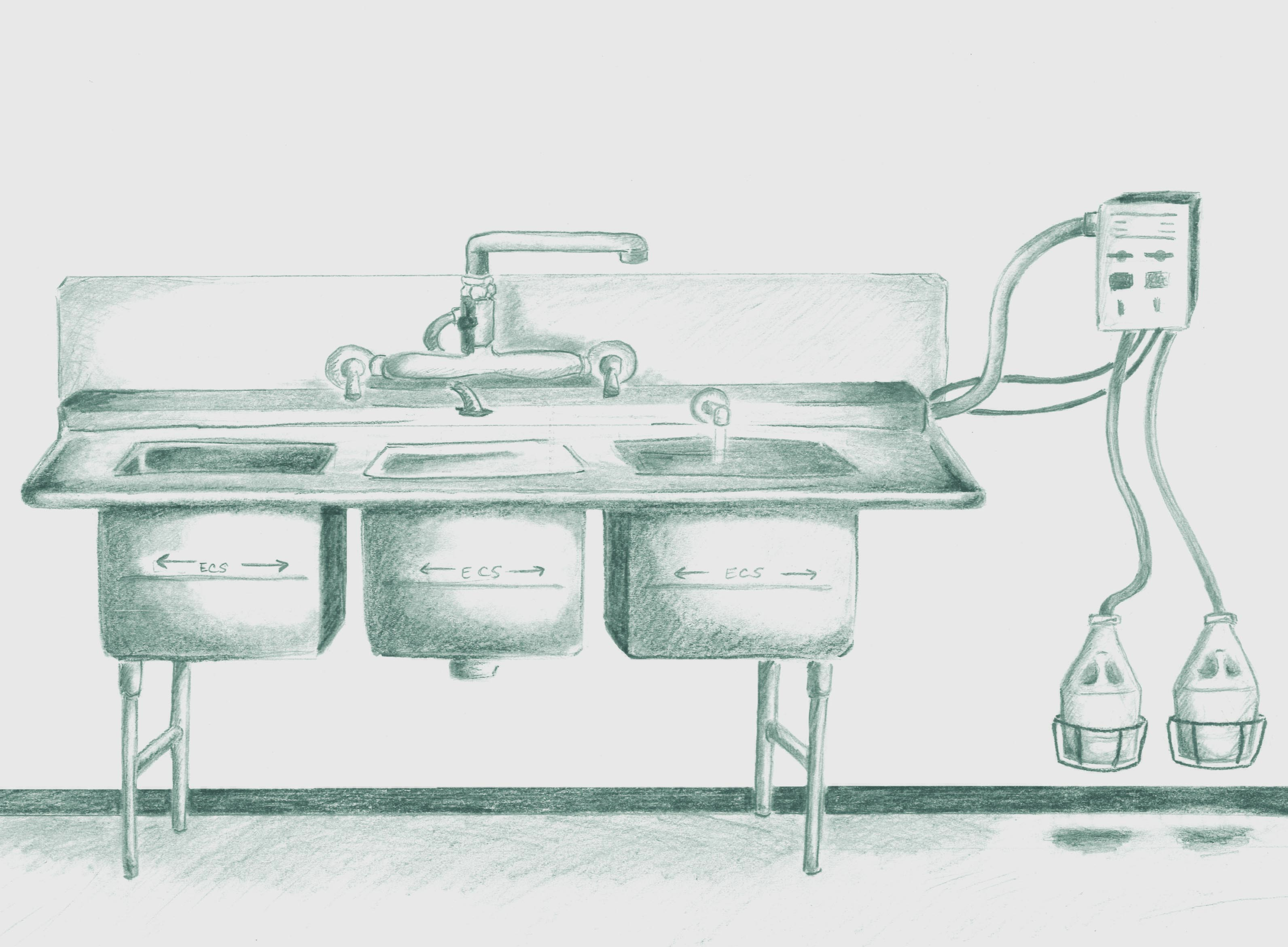 Supplier drawing of a three-compartment sink and connected dispenser